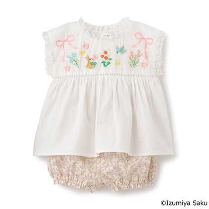 日本童裝 pe#main x【泉屋作】蕾絲褶皺刺繡兩件套裝 70-80cm 女童款 初生嬰兒 夏季 TOPS PANTS