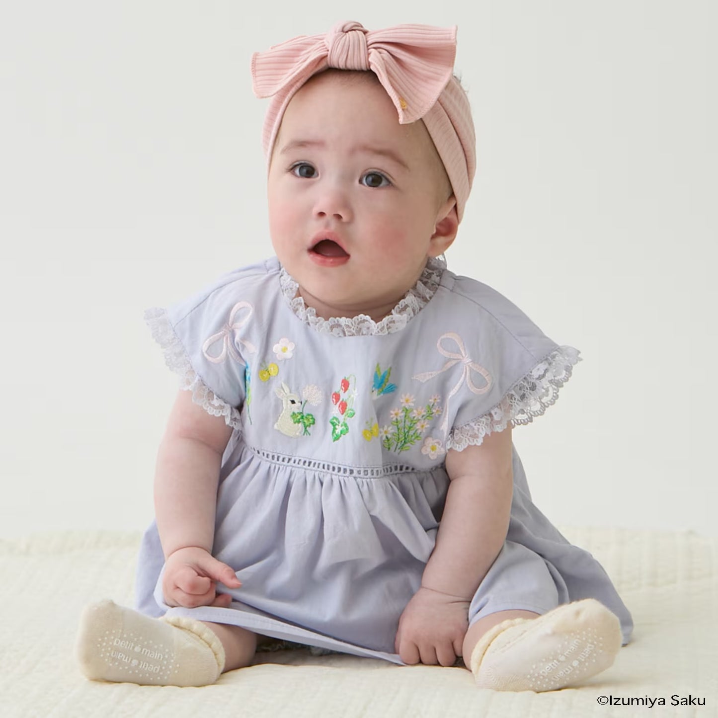 日本童裝 pe#main x【泉屋作】蕾絲褶皺刺繡兩件套裝 70-80cm 女童款 初生嬰兒 夏季 TOPS PANTS
