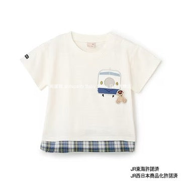 Japanese children's clothing pe#main x Shinkansen plaid appliqué short-sleeved top 80-130cm boys' summer TOPS railway series 
