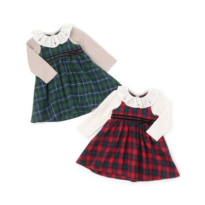 日本童裝 pe#main 假兩件格仔連身裙 80-130cm 女童款 冬季 DRESSES 面試/宴會/表演 聖誕紅/新年紅