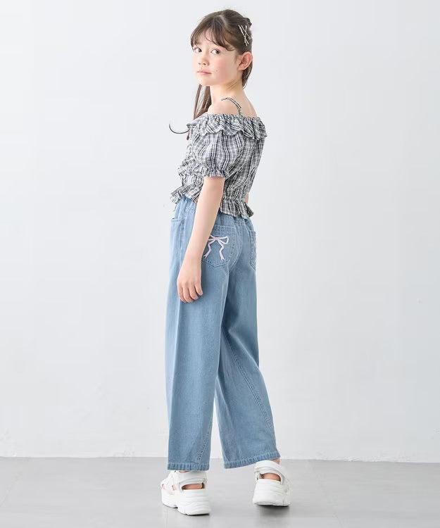日本童裝 aF#a325 刺繡淺色牛仔寬褲 110-150cm 女童款 夏季 PANTS