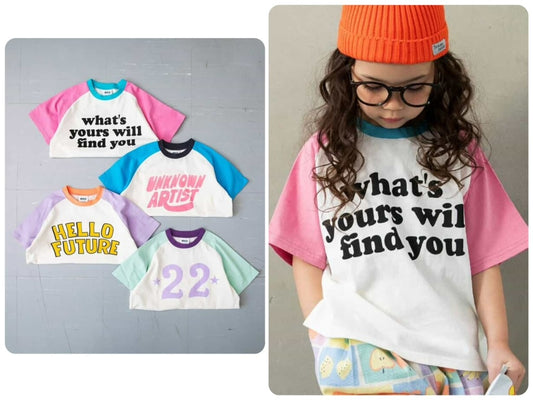Japanese children's clothing BREEZE color block shoulder letter top 80-140cm boys/girls summer TOPS 