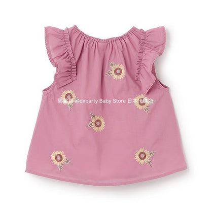 Japanese children's clothing pe#main flower embroidered top 80-130cm girls summer TOPS 