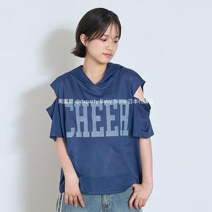 Lovetoxic Japanese children's clothing hooded off-the-shoulder top and vest set 140-160cm girls summer TOPS 