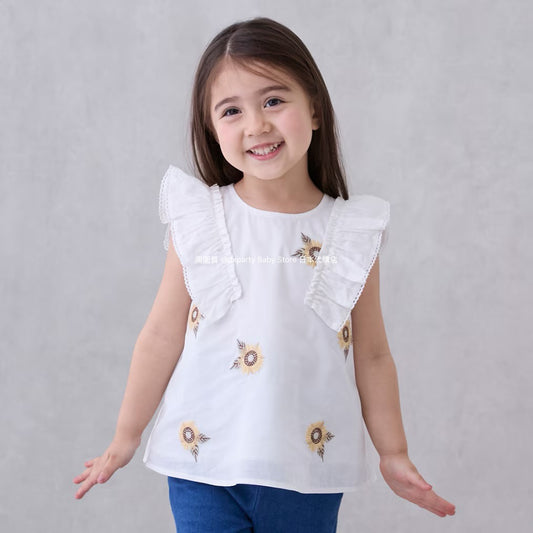Japanese children's clothing pe#main flower embroidered top 80-130cm girls summer TOPS 