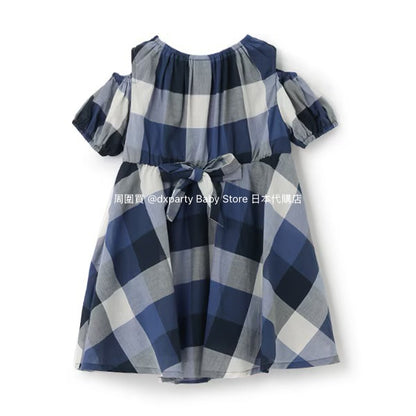 Japanese children's clothing pe#main off-the-shoulder checkered dress 80-130cm girls summer dresses 