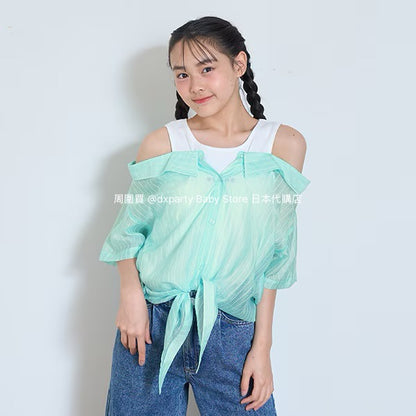 Lovetoxic Japanese children's clothing fake two-piece off-the-shoulder shirt 140-160cm girls summer TOPS 