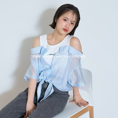 Lovetoxic Japanese children's clothing fake two-piece off-the-shoulder shirt 140-160cm girls summer TOPS 