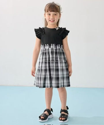 Japanese children's clothing aF#a325 checkered patchwork dress 110-160cm girls summer dresses 