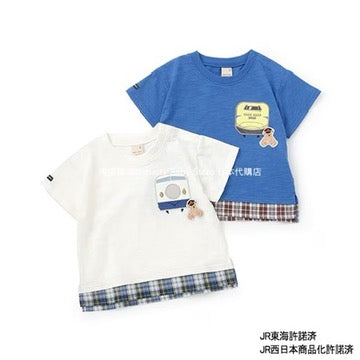 Japanese children's clothing pe#main x Shinkansen plaid appliqué short-sleeved top 80-130cm boys' summer TOPS railway series 