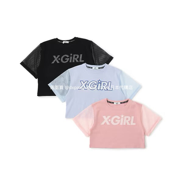 Japanese children's clothing X-girl Stages mesh sleeve patchwork top 90-140cm girls summer TOPS 