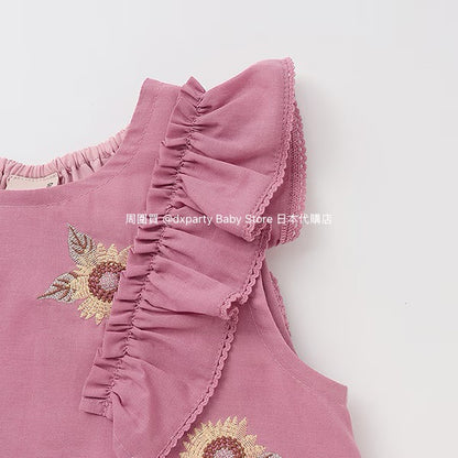 Japanese children's clothing pe#main flower embroidered top 80-130cm girls summer TOPS 