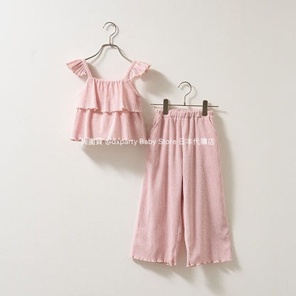 Japanese children's clothing Ly# mine suspenders and loose pants set 100-150cm girls summer TOPS PANTS 