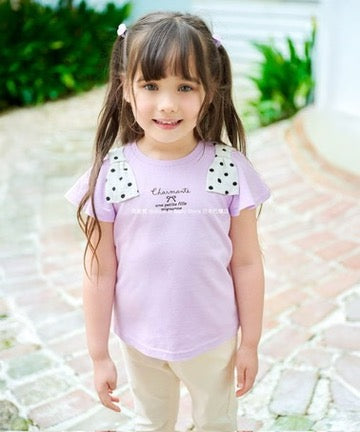 Japanese children's clothing aF#a325 bow shoulder sleeve top 90-160cm girls summer TOPS 