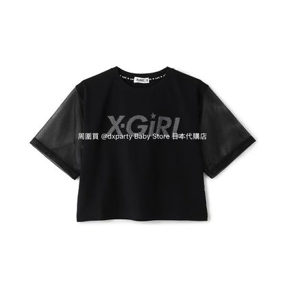 Japanese children's clothing X-girl Stages mesh sleeve patchwork top 90-140cm girls summer TOPS 