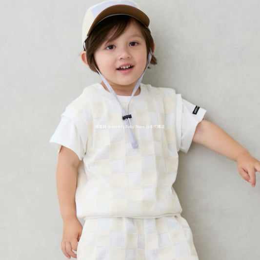 Japanese children's clothing pe#main fake two-piece checkered top 80-130cm boys' summer TOPS 