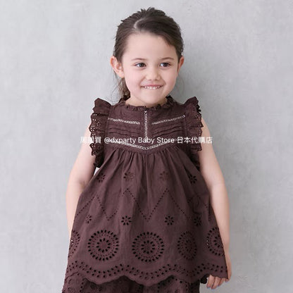 Japanese children's clothing pe#main lace hollow top 80-130cm girls summer TOPS 