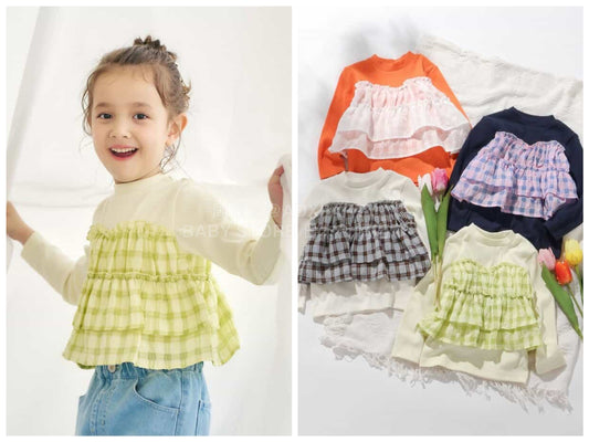 日本童裝 apres les cours 格紋薄紗拼接上衣 80-140cm 女童款 春季 TOPS