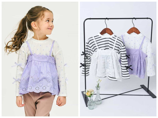日本童裝 apres les cours 蕾絲吊帶及緞帶華夫格上衣套裝 80-140cm 女童款 春季 TOPS