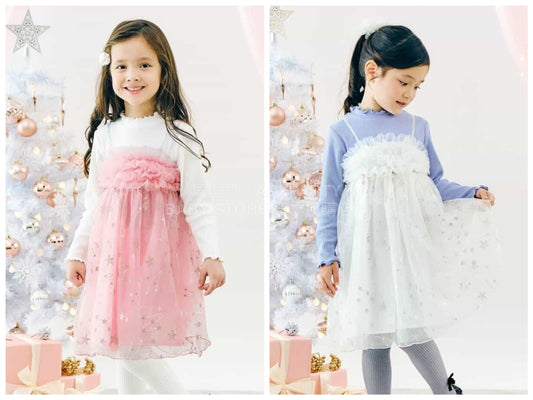 日本童裝 apres les cours 假兩件網紗連身裙 80-140cm 女童款 春季 DRESSES  面試/宴會/表演