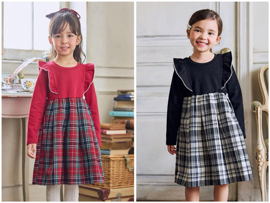 日本童裝 aF#a325 格紋拼接連衣裙 110-150cm 女童款 冬季 DRESSES 聖誕紅/新年紅