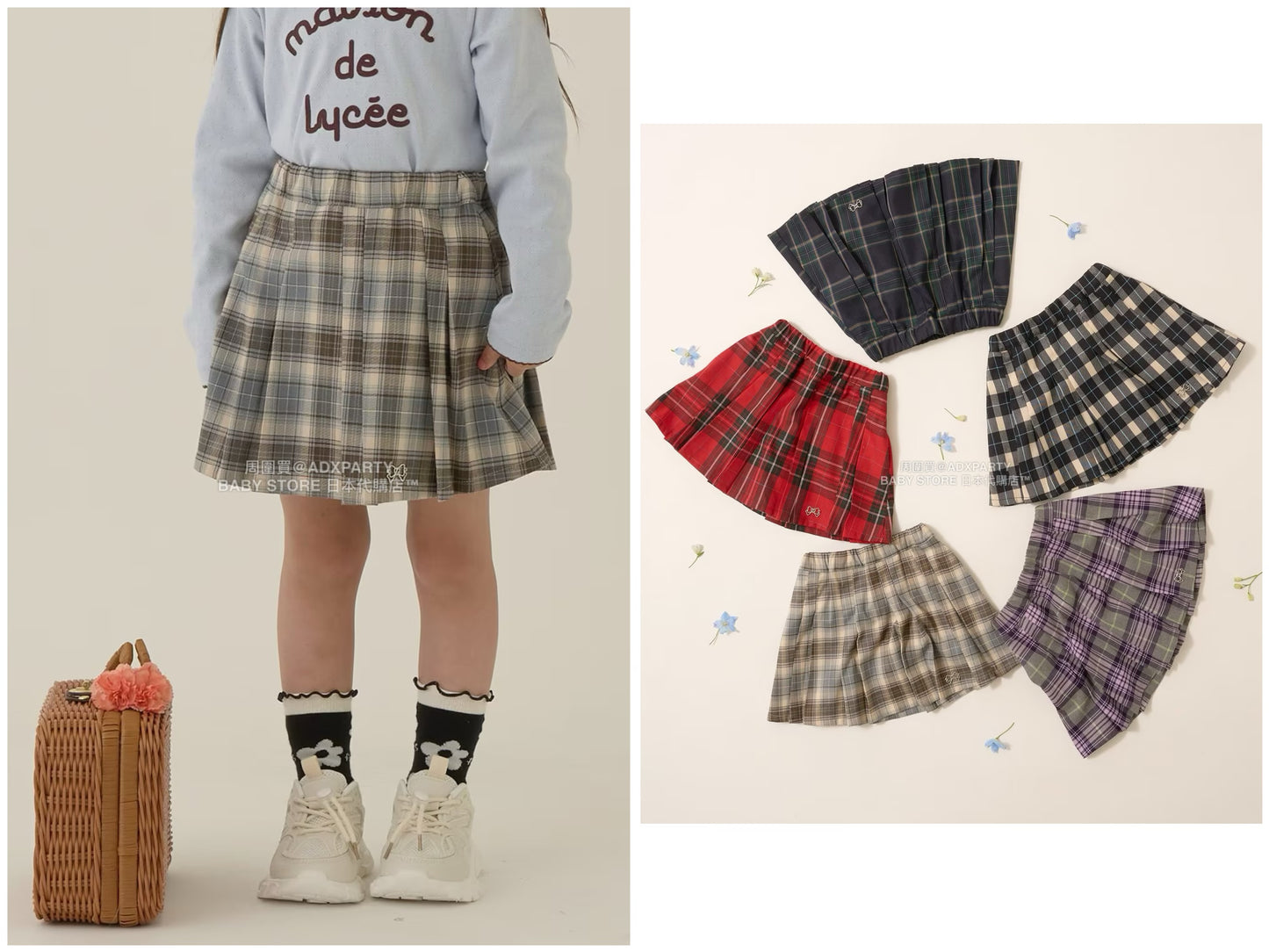 日本童裝 Ly# mine 格紋隨意百褶裙 100-150cm 女童款 秋季 SKIRTS 聖誕紅/新年紅