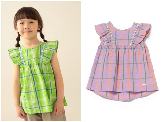 日本童裝 BE#AMS mini 格紋小飛袖上衣 90-140cm 女童款 夏季 TOPS
