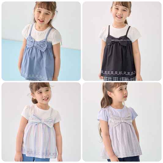Japanese children's clothing aF#a325 Bowknot fake two-piece top 90-160cm girls summer TOPS 