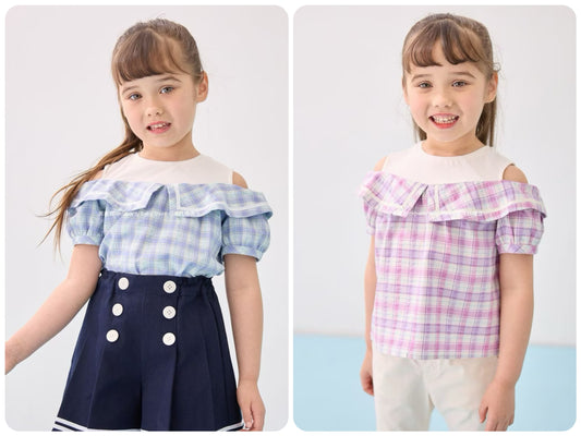 Japanese children's clothing aF#a325 plaid off-the-shoulder top 110-160cm girls summer TOPS 