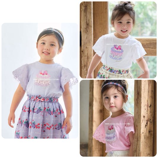 Japanese children's clothing aF#a325 lace sleeve cake print short-sleeved top 90-160cm girls summer TOPS 