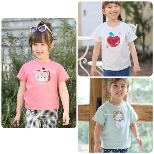 Japanese children's clothing aF#a325 sequined short-sleeved top 100-150cm girls summer TOPS 