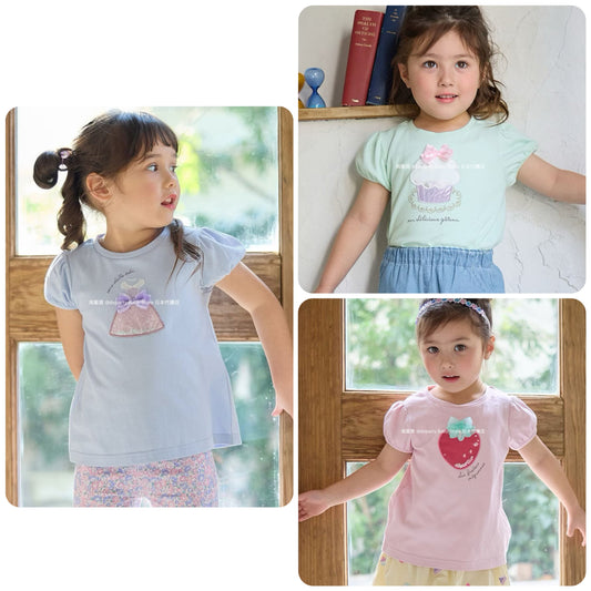 Japanese children's clothing aF#a325 beaded applique short-sleeved top 100-150cm girls summer TOPS 