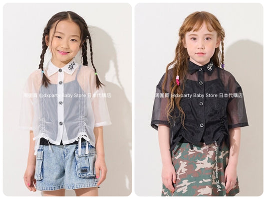Japanese children's clothing X-girl Stages transparent shirt and suspenders two-piece set 110-140cm girls summer TOPS 