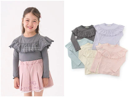 日本童裝 Ly# mine 珍珠圓領荷葉上衣 100-150cm 女童款 冬季 TOPS