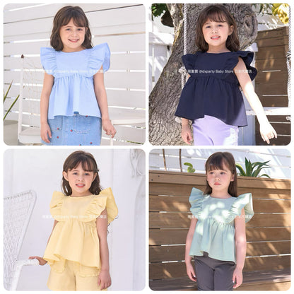 Japanese children's clothing Ly# mine ruffle sleeve top 100-150cm girls summer TOPS 