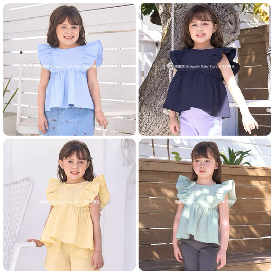 Japanese children's clothing Ly# mine ruffle sleeve top 100-150cm girls summer TOPS 