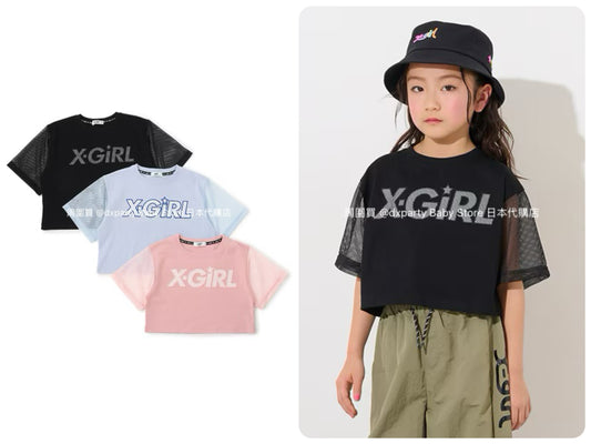 Japanese children's clothing X-girl Stages mesh sleeve patchwork top 90-140cm girls summer TOPS 