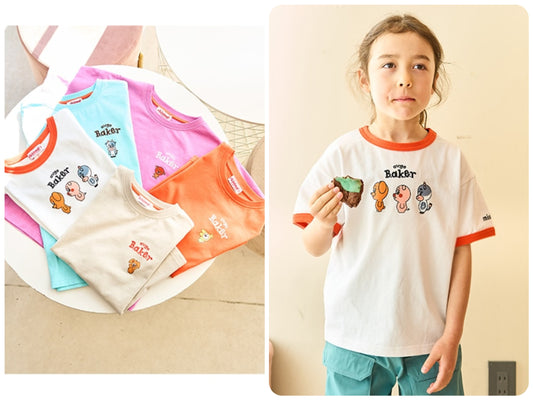 Japanese children's clothing mini#ML x ovgo Baker cute short-sleeved top 90-140cm boys/girls summer TOPS 