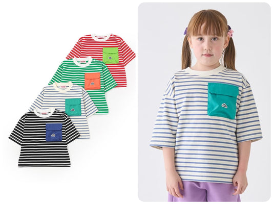Japanese children's clothing mini#ML mountain series pocket striped top 90-140cm boys/girls summer TOPS 
