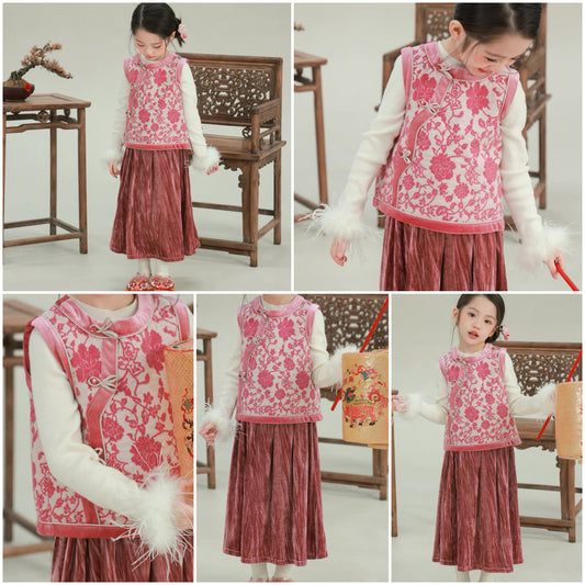 新年童裝 絲絨背心半身裙套裝 80-150cm 女童款 新年中式華服唐裝 新春馬年 2026年 AAA
