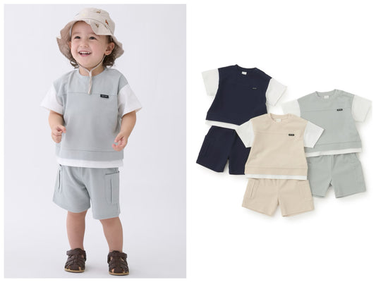 日本童裝 pe#main 接觸冷感 假兩件上衣及短褲套裝 80-130cm 男童款 夏季 TOPS PANTS