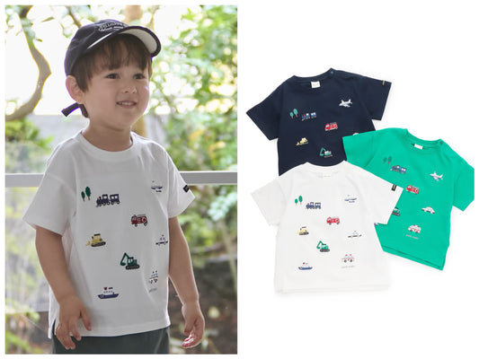 日本童裝 pe#main 接觸冷感 工作車刺繡短袖上衣 80-130cm 男童款 夏季 TOPS