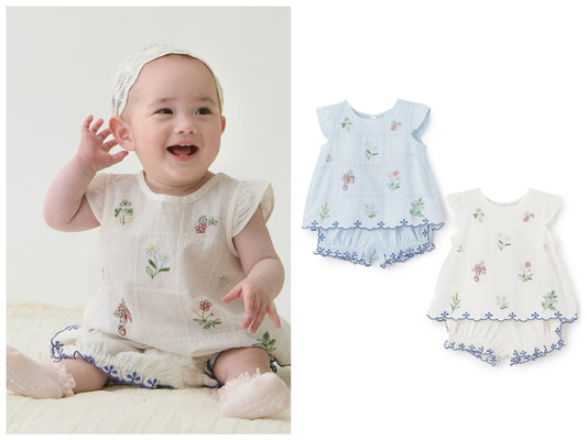 日本童裝 pe#main 達尼卡爾刺繡兩件套裝 70-80cm 女童款 初生嬰兒 夏季 TOPS PANTS