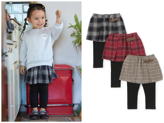 日本童裝 pe#main 假兩件格紋裙連褲 80-130cm 女童款 冬季 PANTS 聖誕紅/新年紅