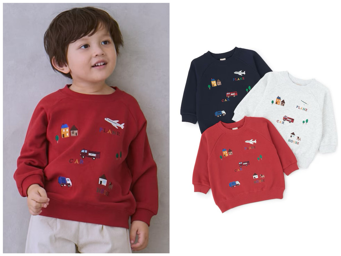 日本童裝 pe#main 車車刺繡衛衣 80-130cm 男童款 冬季 TOPS 聖誕紅/新年紅