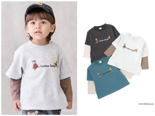 日本童裝 pe#main x Curious George 假兩件上衣 80-130cm 男童款 冬季 TOPS