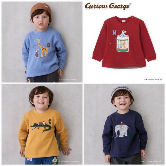 日本童裝 pe#main x Curious George 拼接衛衣 80-130cm 男童款 冬季 TOPS 聖誕紅/新年紅