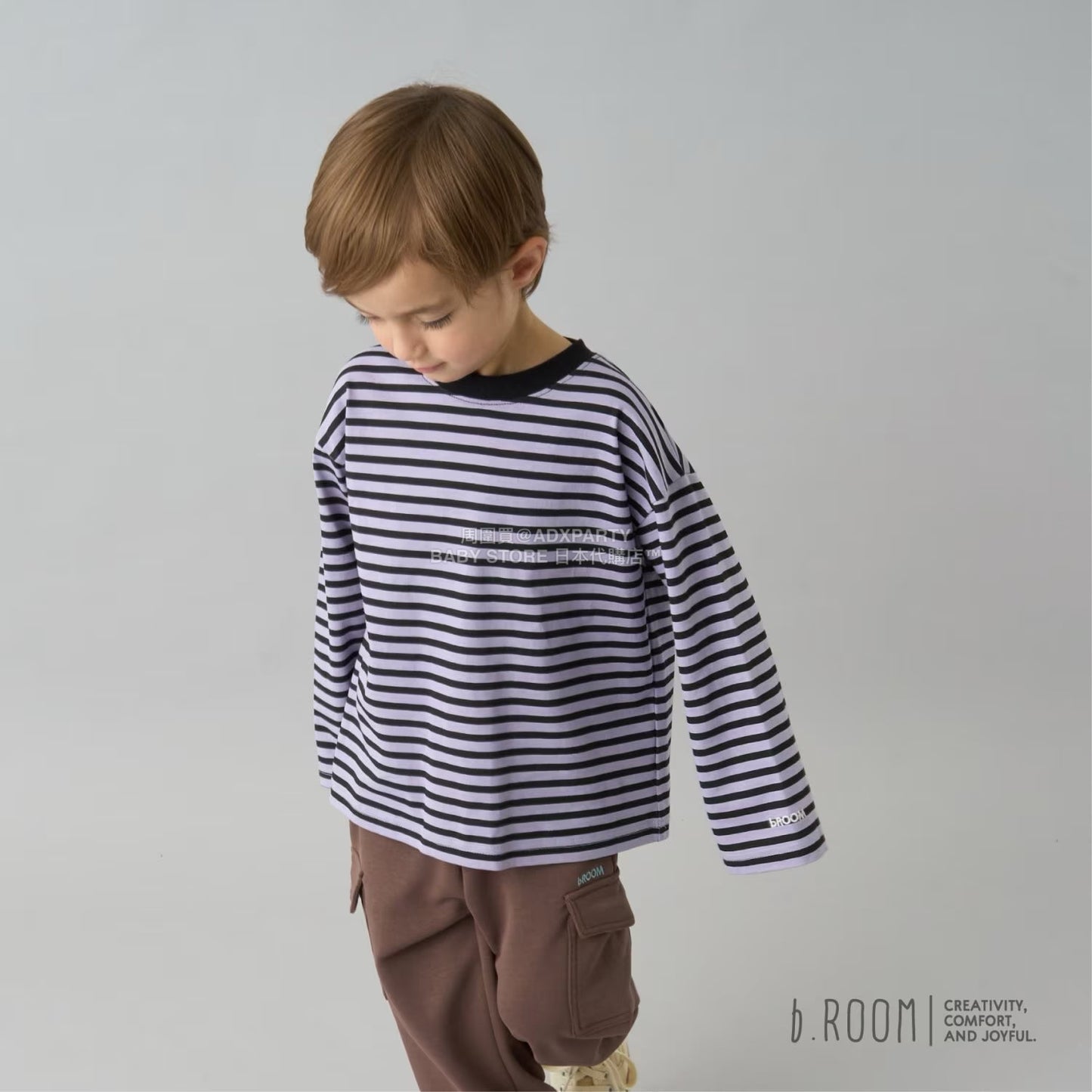 日本童裝 b・R# 簡約寬鬆oversized條紋長袖上衣 100-150cm 男童款/女童款 冬季 TOPS