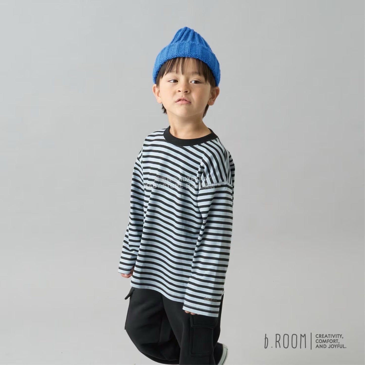 日本童裝 b・R# 簡約寬鬆oversized條紋長袖上衣 100-150cm 男童款/女童款 冬季 TOPS