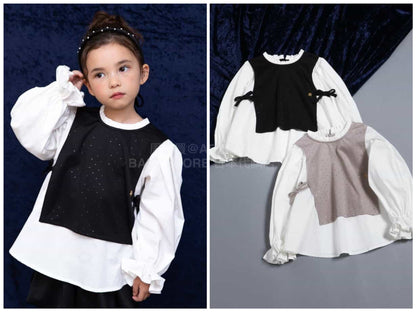 日本童裝 BREEZE 假兩件閃亮波點襯衫 90-140cm 女童款 冬季 TOPS